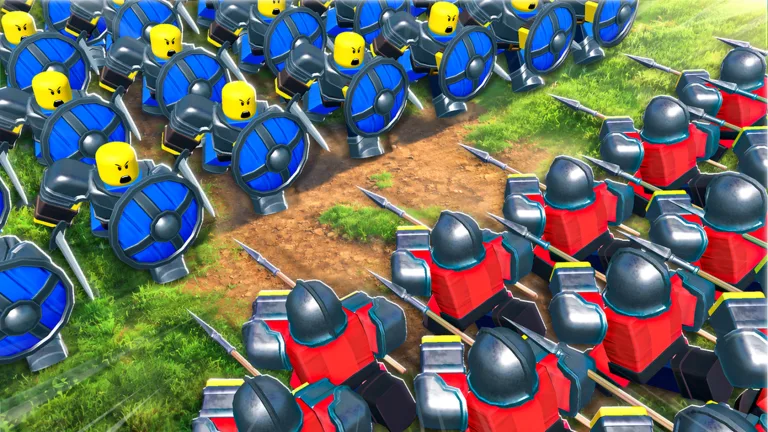 Blue shield-bearing troops facing a red army across a Command An Army battlefield
