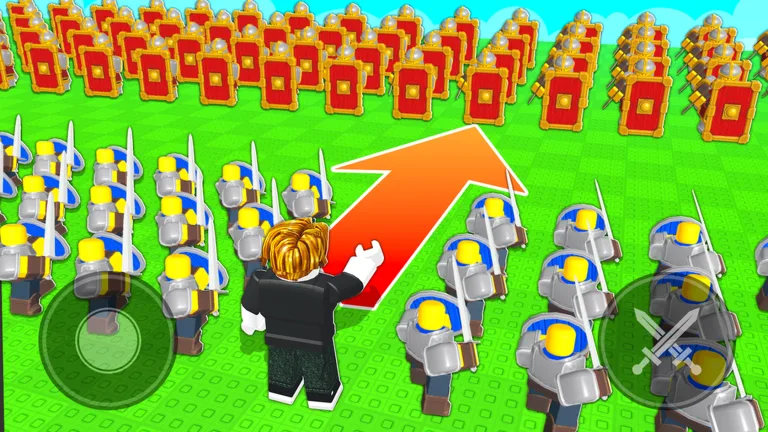 Blue army advancing toward a red shield formation